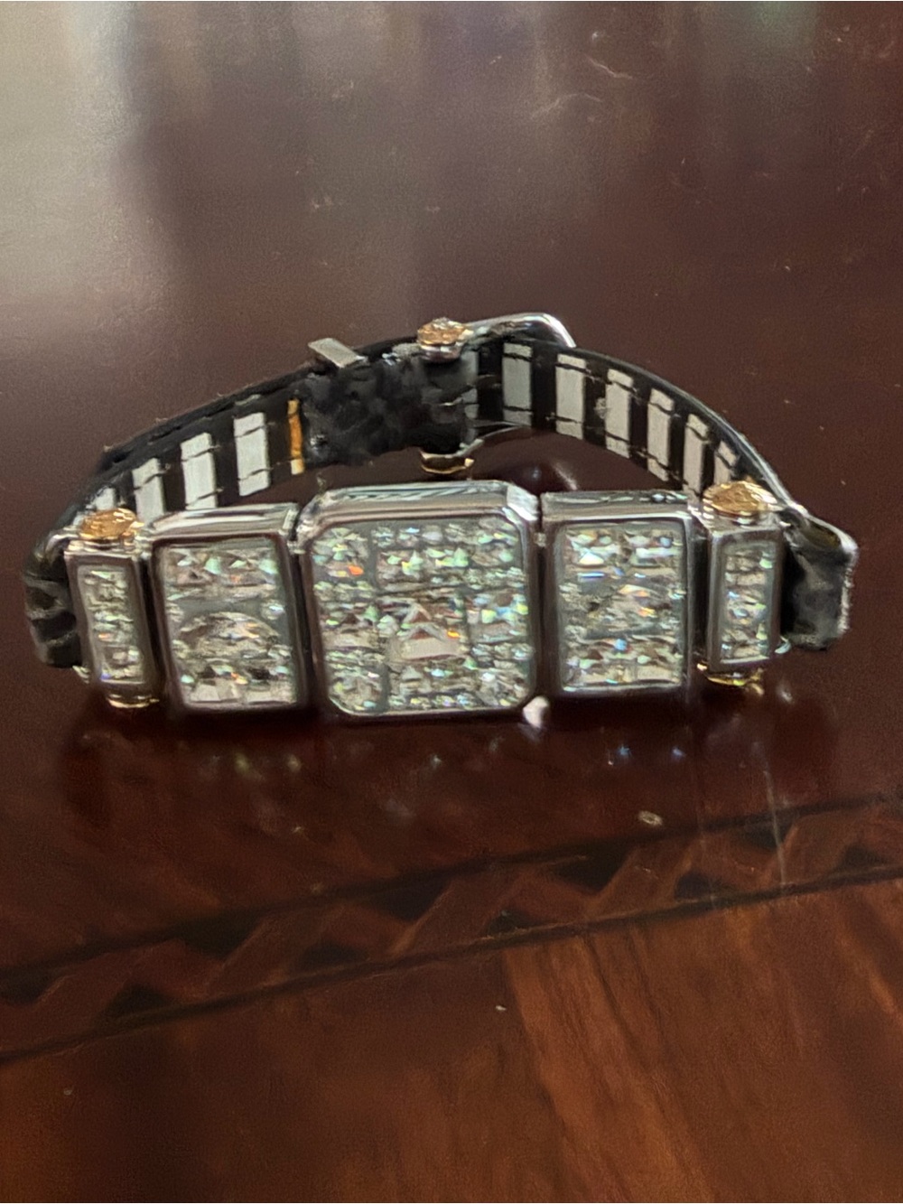 Henri Bendel Dark Grey Snake Pattern Leather Watch Band Style Crystals Bracelet